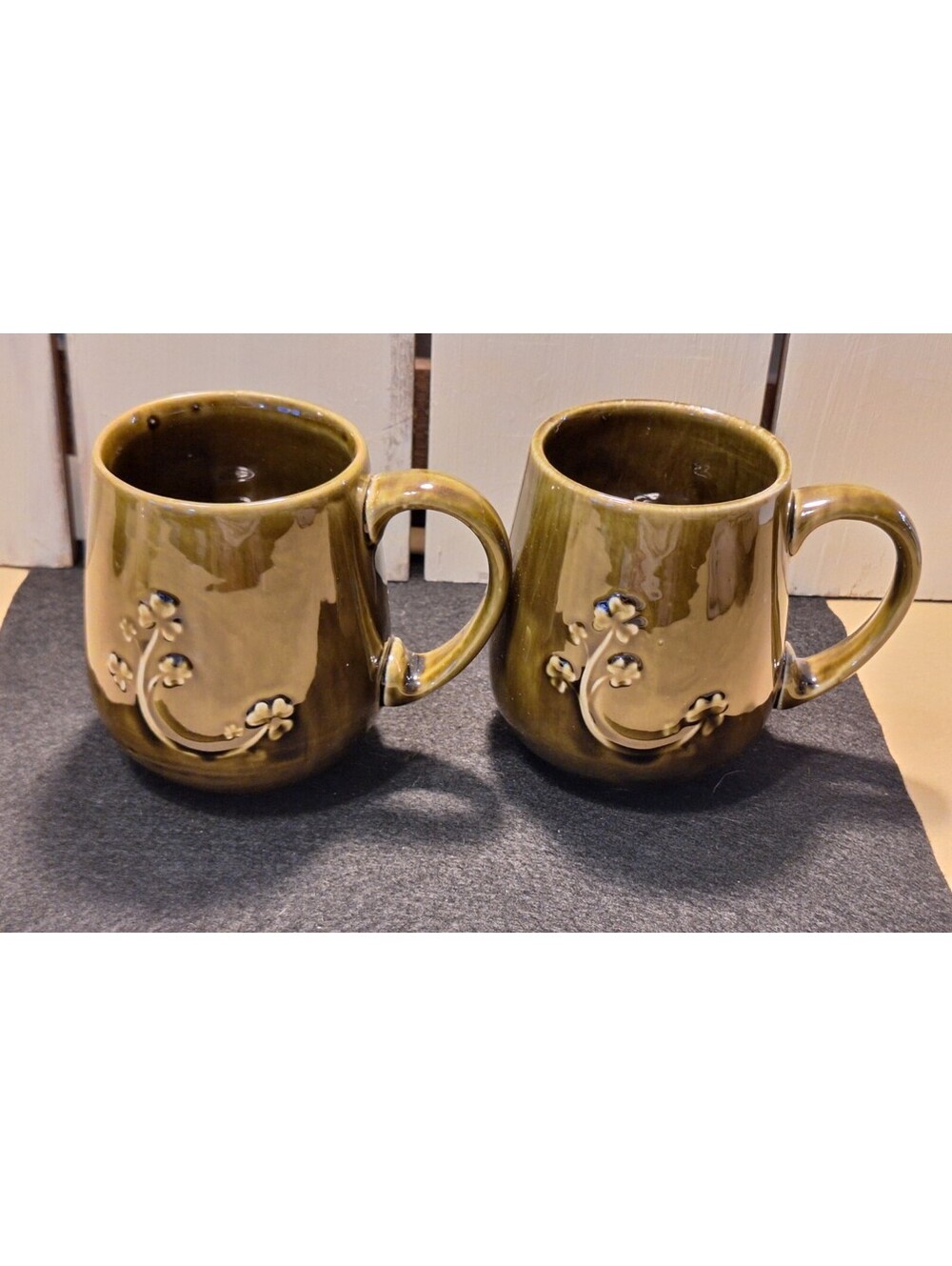 Irish Designed Pottery Glossy Green Tone Medium embossed stoneware mugs